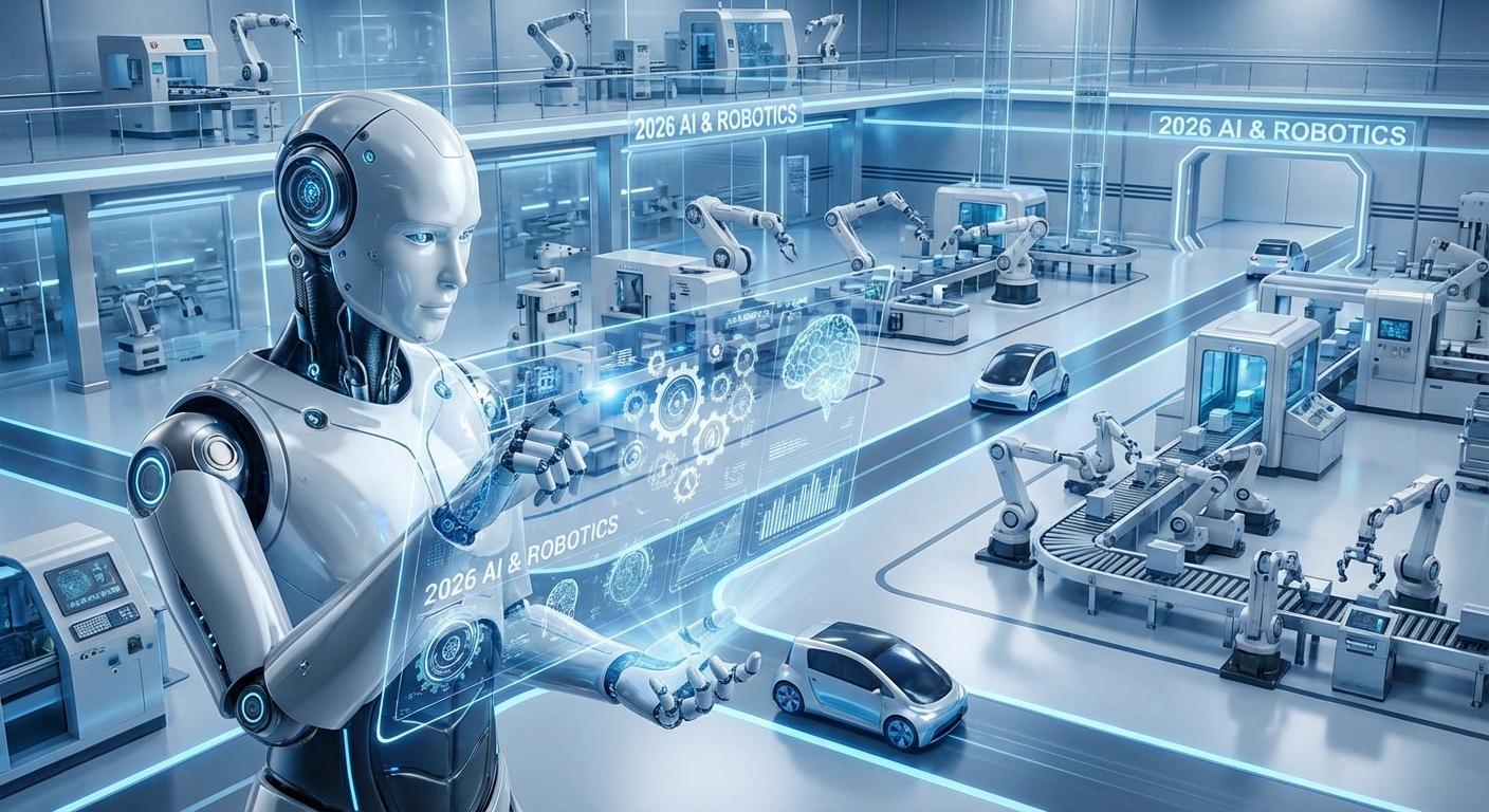 2026년 AI와 로봇 산업의 융합을 상징하는 미래적인 이미지. 휴머노이드 로봇이 스마트 팩토리를 배경으로 데이터를 분석하고 있다.