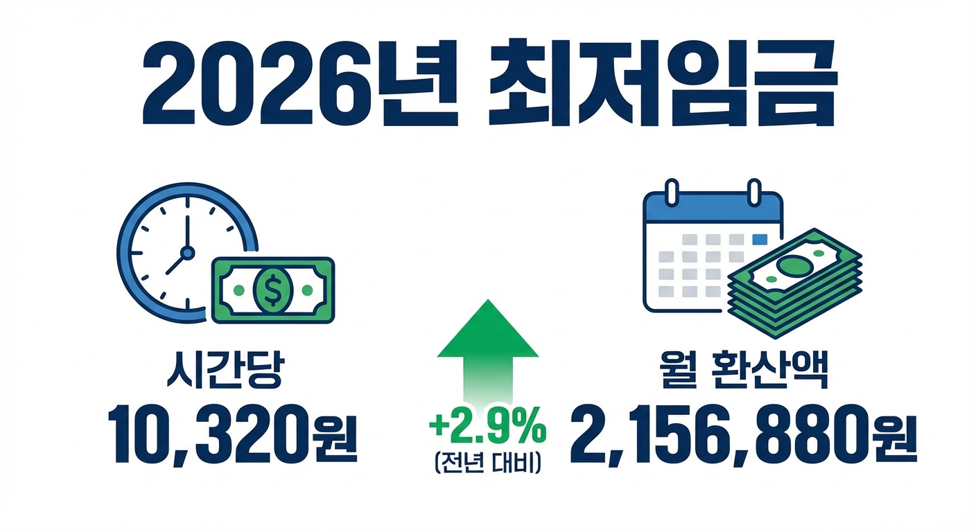 2026년 최저임금 안내 인포그래픽. 시급 10,320원, 월급 2,156,880원으로 인상된다는 내용.