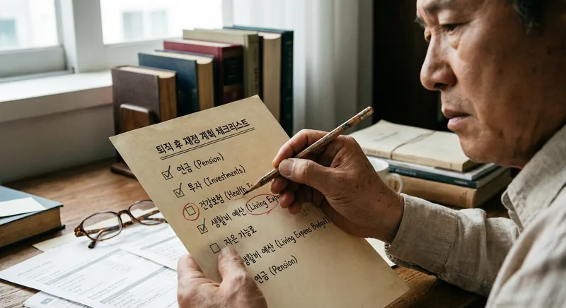 퇴직 후의 재정 계획을 고민하는 사람이 체크리스트를 확인하는 모습