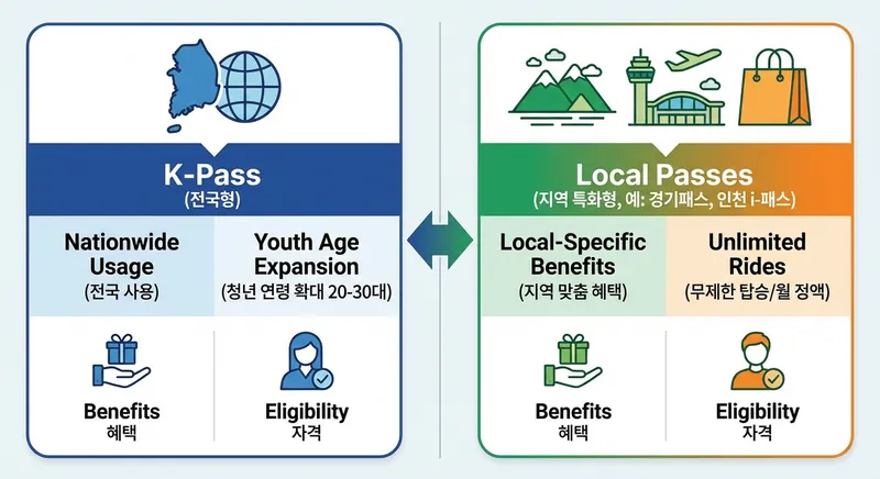 K-패스와 지역별 패스 혜택 비교 인포그래픽