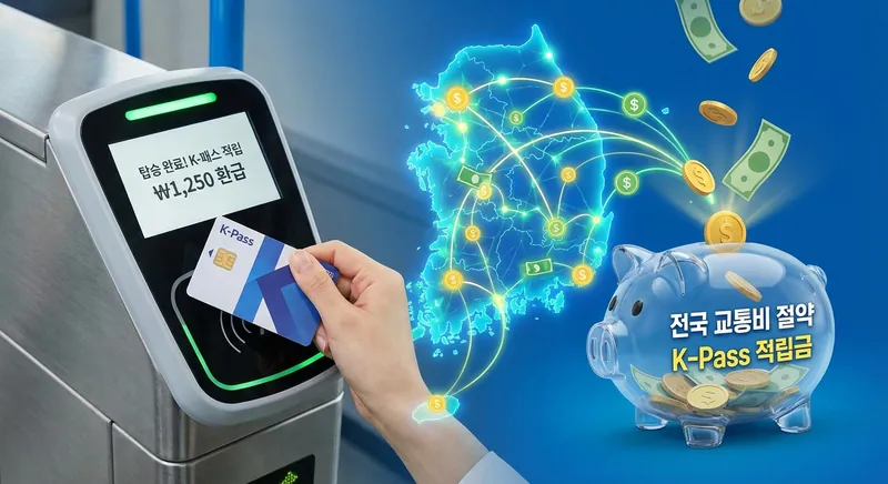 K-패스 카드로 대중교통 이용, 전국 확대 및 교통비 절약을 상징하는 이미지