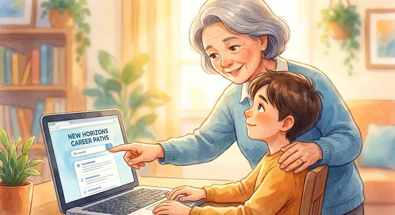 두 아이 엄마 페르소나가 청년에게 디지털 직무 관련 조언을 하는 모습. 따뜻하고 희망적인 분위기.