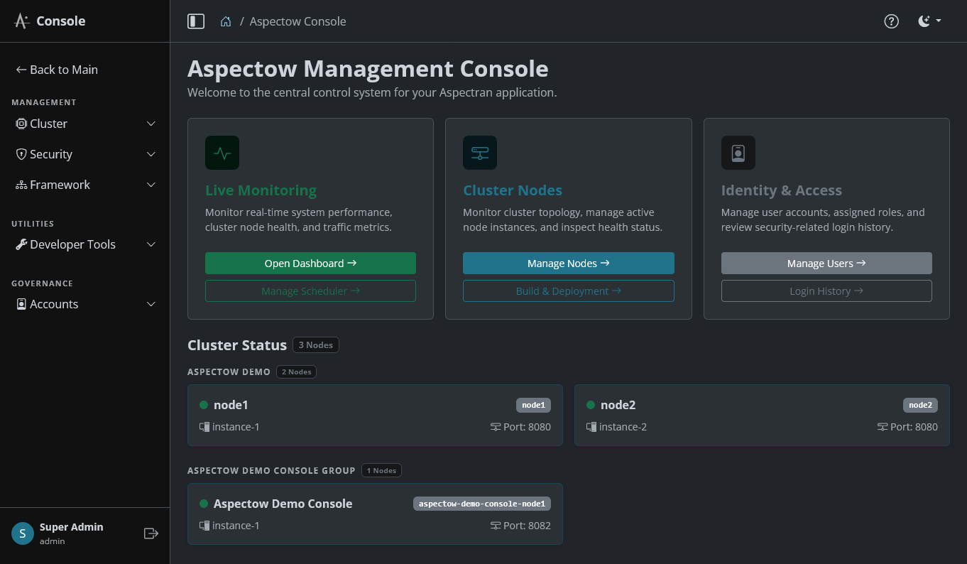 Aspectow Console Home Dashboard