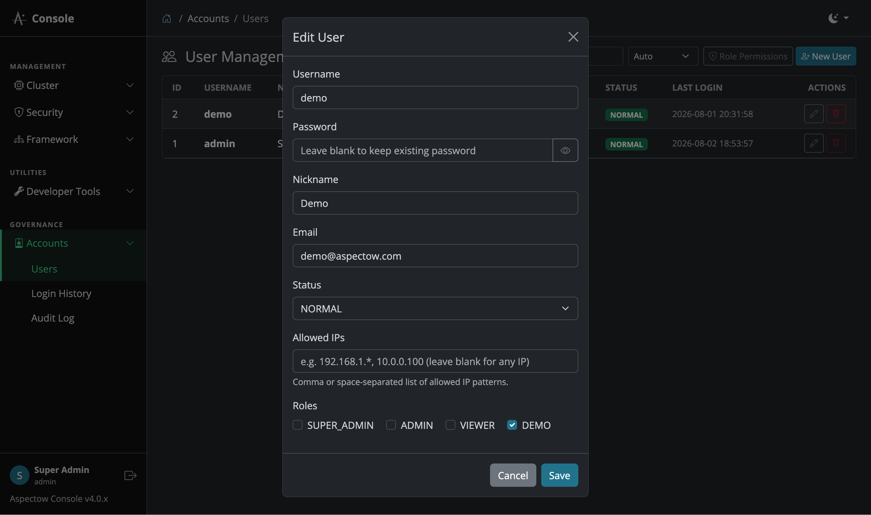 User Management Modal Screen