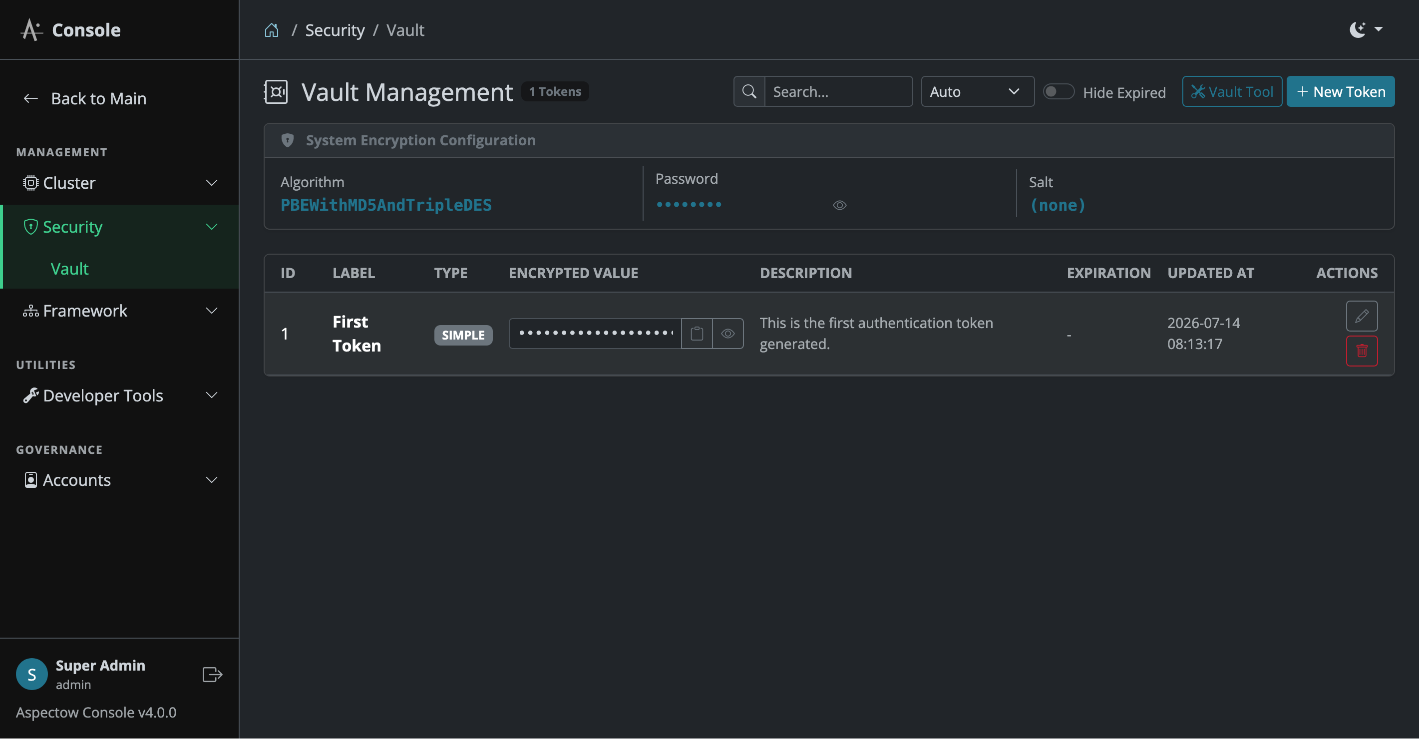 Vault Management Screen