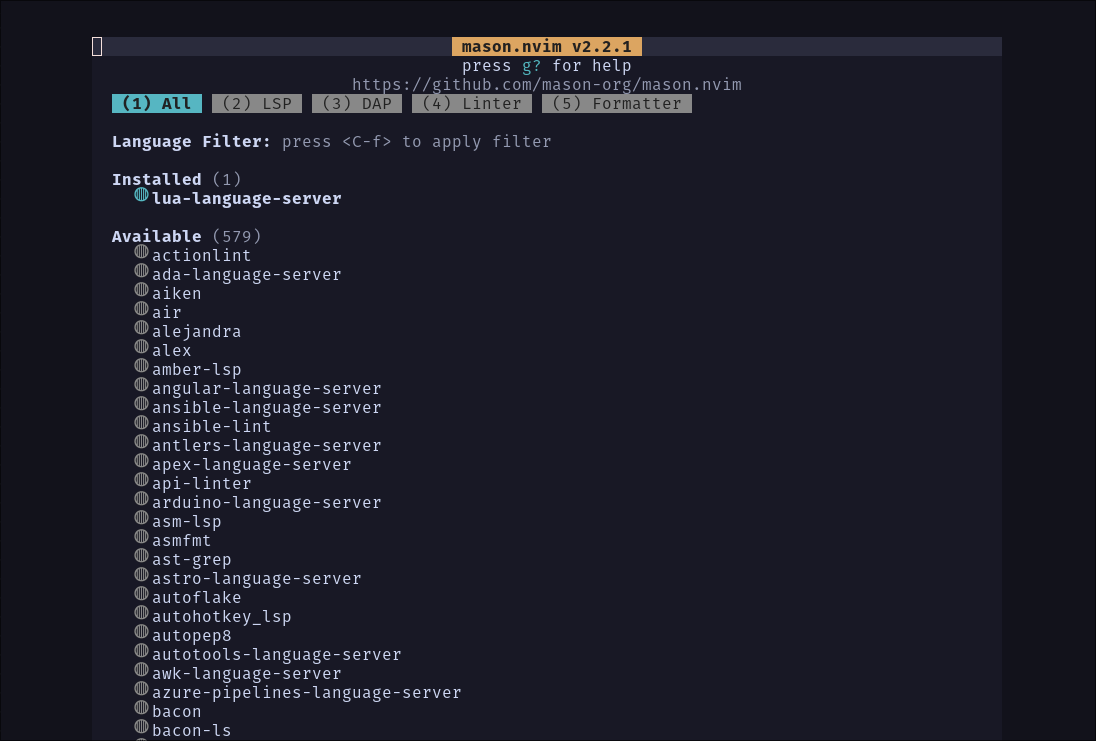 Mason Showing the installed Lua language server