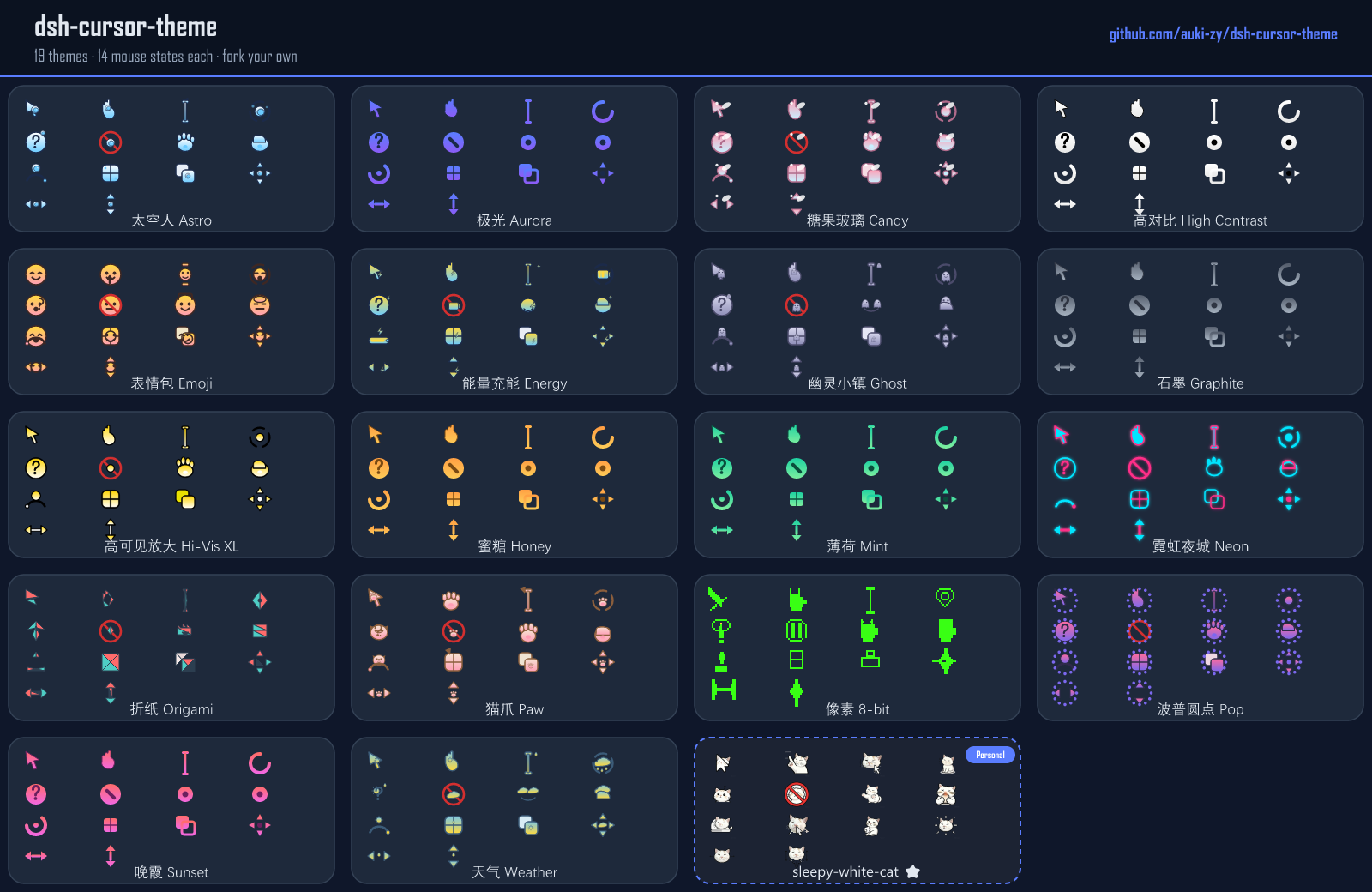 dsh-cursor-theme — 19 themes × 14 states