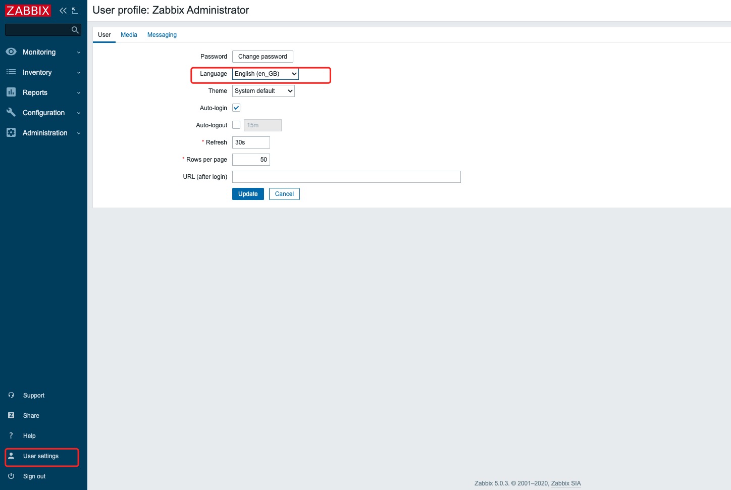 zabbix switch language