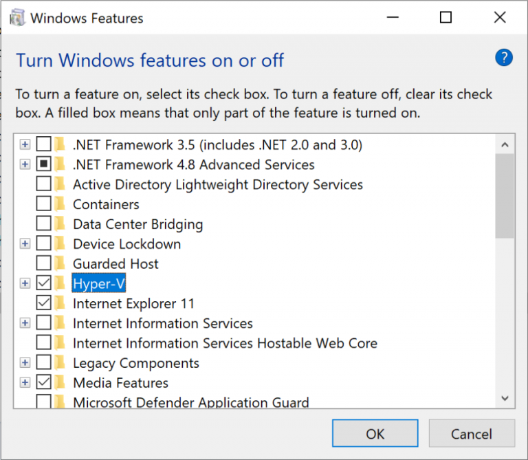 Turn Windows features on or off interface