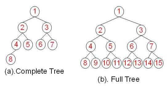 The difference between a complete binary tree and a full binary tree