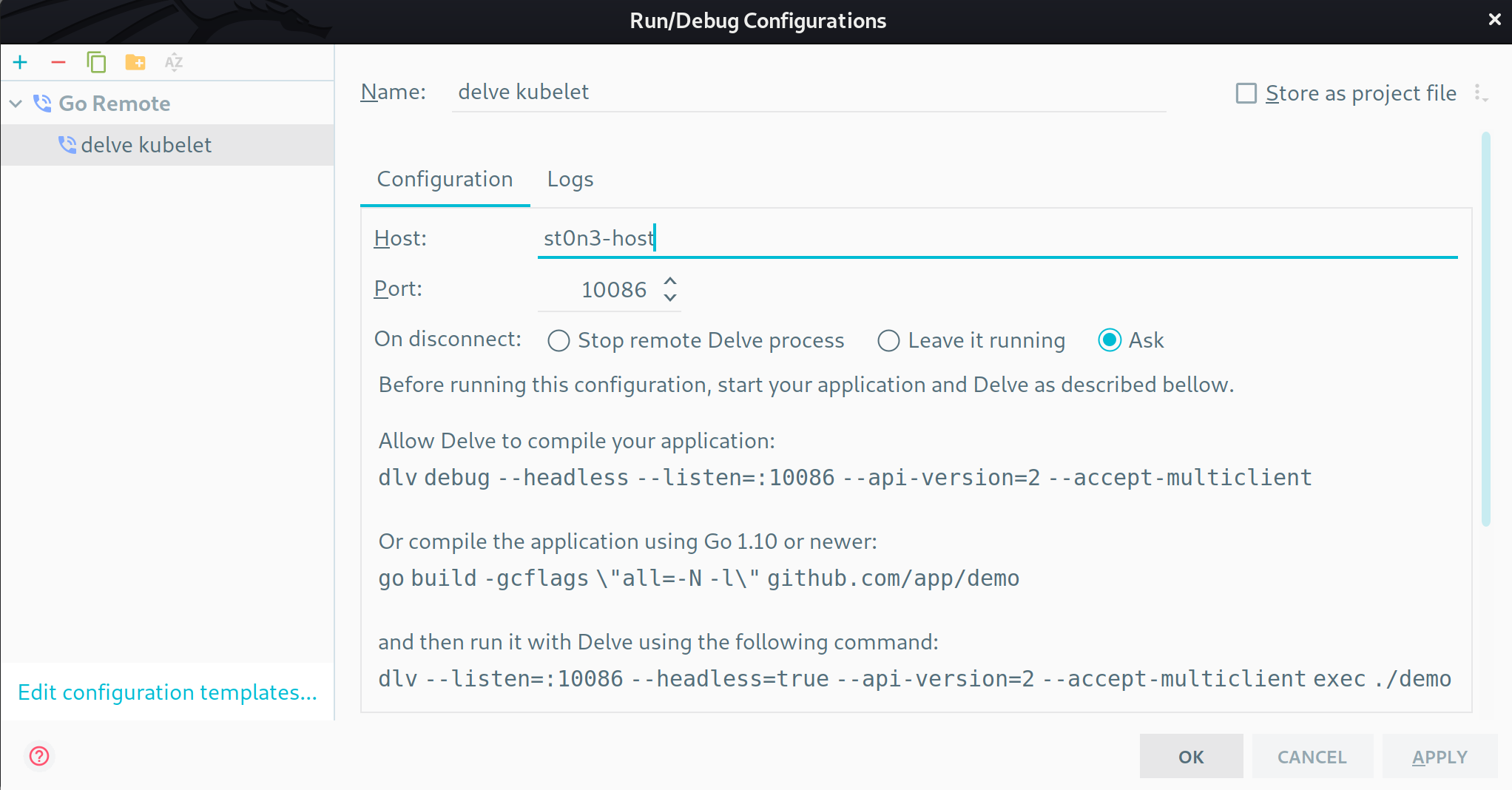 Using GoLand to remotely debug kubelet