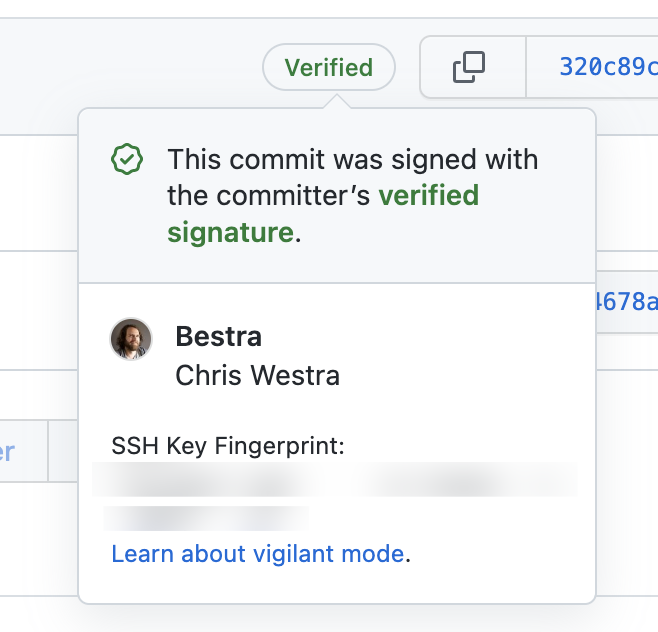 GitHub shows the SSH signature