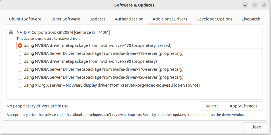 Installing the graphics card drivers via Ubuntu&rsquo;s own tools