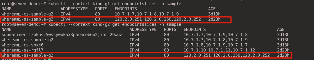 kubectl &ndash;context kind-g2 get endpointslices -n sample