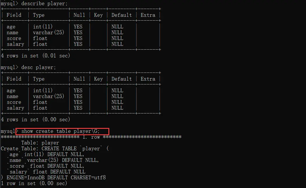 mysql基本操作查看表结构