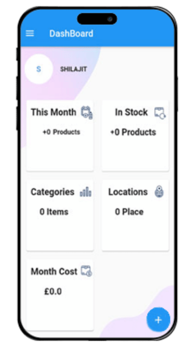 Mobile dashboard screen with product and cost details.