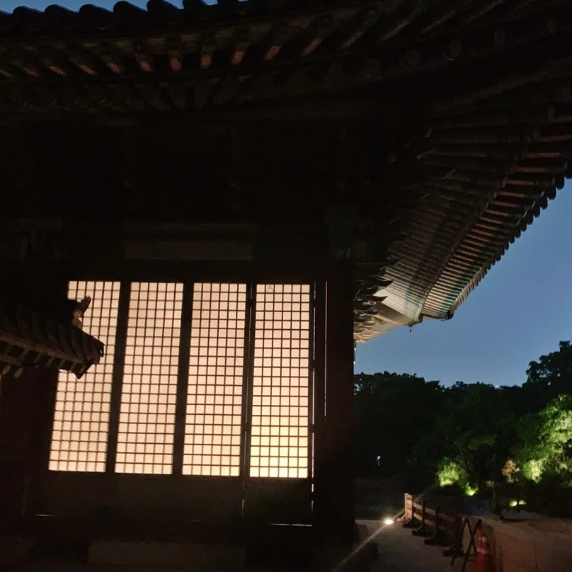夜、韓国の伝統的な障子紙（チャンホジ）の窓から漏れる温かい光の輝き - 2026年ソウル、夜の王宮を彩る光の祭典。昌慶宮'水光蓮花'完全ガイド