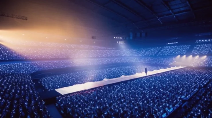 A sweeping aerial view of a packed concert arena, with a performer silhouetted on a long runway stage under dramatic blue and orange spotlights, conveying grand spatiality - Lim Young-woong Shatters Streaming Records: The Rise of Korea's Unrivaled Solo Icon