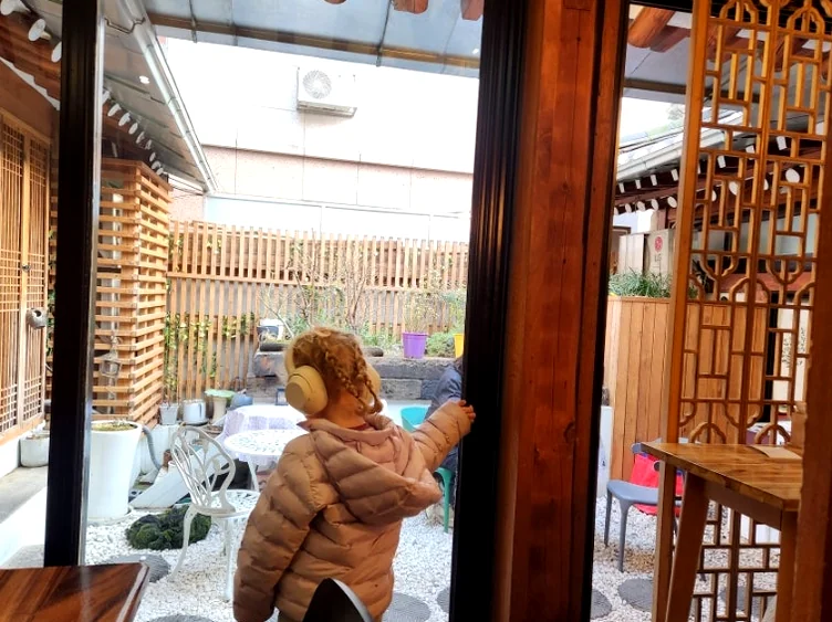 A peaceful view through the glass window looking out into the sun-drenched Hanok courtyard - A Sanctuary of Plant-Based Heritage: Exploring the 100-Year-Old Hanok of Vegan Insa