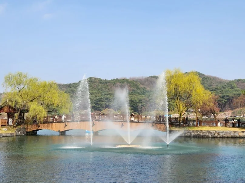 澄んだ貯水池の表面に反射するアーチ型の石橋と、雄大な噴水が描く鮮やかな風景。 - 癒やしと歴史が交差する、忠清北道・堤川「義林池」の極上トラベルガイド