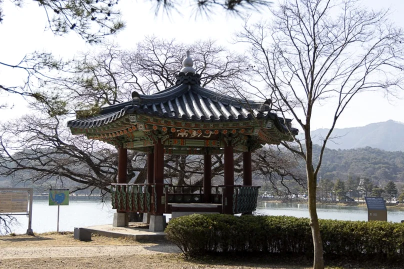 水辺に優雅に佇む韓国の伝統的な東屋。文化遺産の品格を感じさせるクローズアップ。 - 癒やしと歴史が交差する、忠清北道・堤川「義林池」の極上トラベルガイド