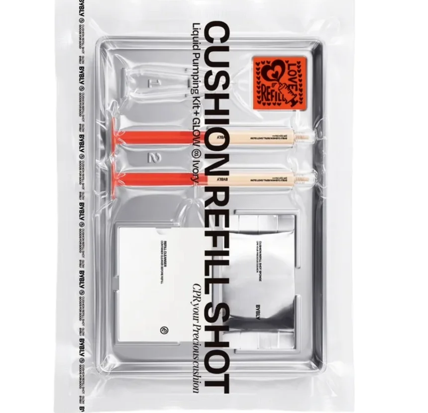 Industrial-style retail packaging for the BYBLY Refill Shot kit. - BYBLY: The 2026 Aesthetic of Modular Beauty and the Moon Cushion Revolution