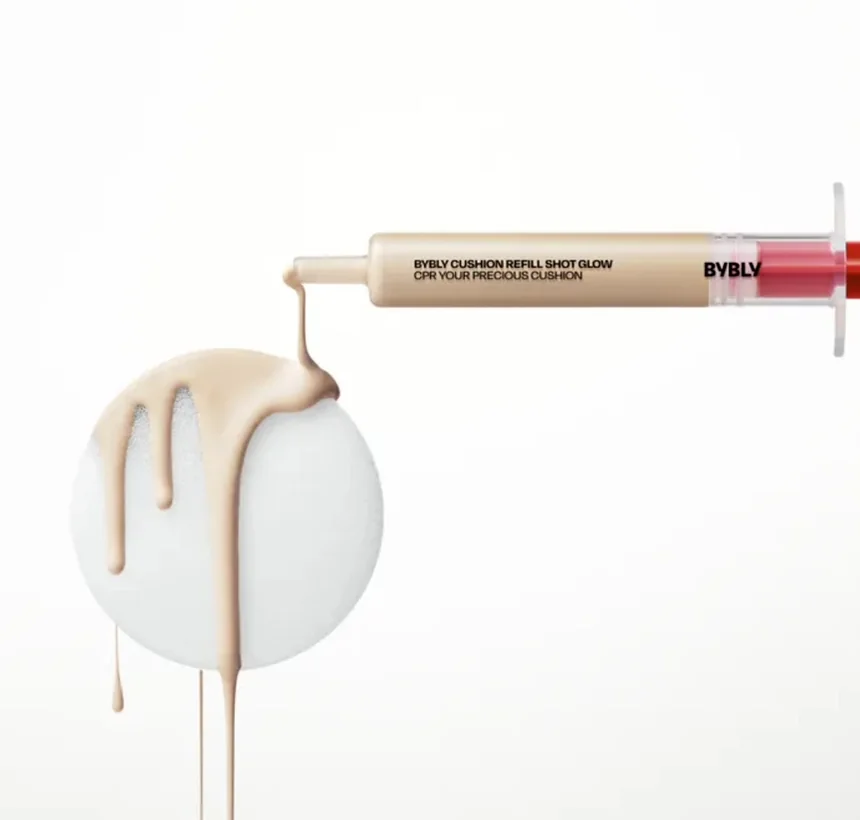 A clean application of foundation from the syringe onto a white cushion puff. - BYBLY: The 2026 Aesthetic of Modular Beauty and the Moon Cushion Revolution