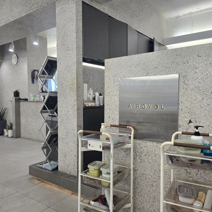 A sophisticated wide-angle view of the premium hair salon's lobby featuring a sleek stone counter and metallic brand logo - Beyond the Neon: The Precision of K-Beauty Mastery at Argyol Hongdae