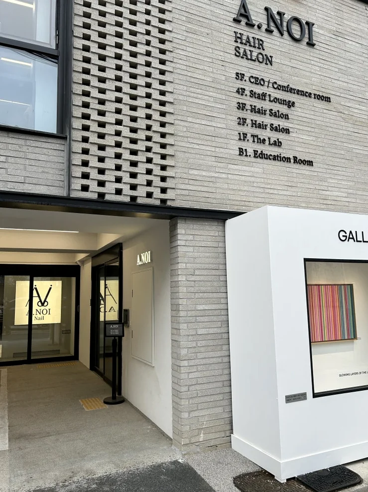 Close-up of the entrance hallway with redundant branding information. - A.NOI Hair Mapo Yeonnam (에이노이헤어 마포연남점): A Masterclass in Monochromatic Hair Artistry and Scalp Recovery