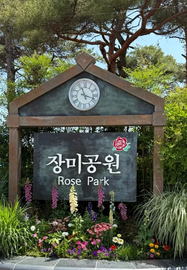 The official entrance sign to Rose Park, adorned with a classic clock and seasonal flowers, welcoming visitors to the heart of the village. - The Floral Monarchy: Rediscovering Nostalgia at Gokseong Seomjingang Train Village