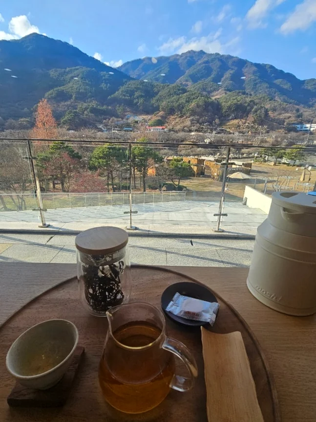 alt="智異山と地元の茶畑の息を呑むようなパノラマ風景を見渡すバルコニーでの穏やかなティーテイスティング体験" - 智異山の静寂を味わう：河東（ハドン）野生茶博物館で体験する韓国最高級のお茶文化ガイド