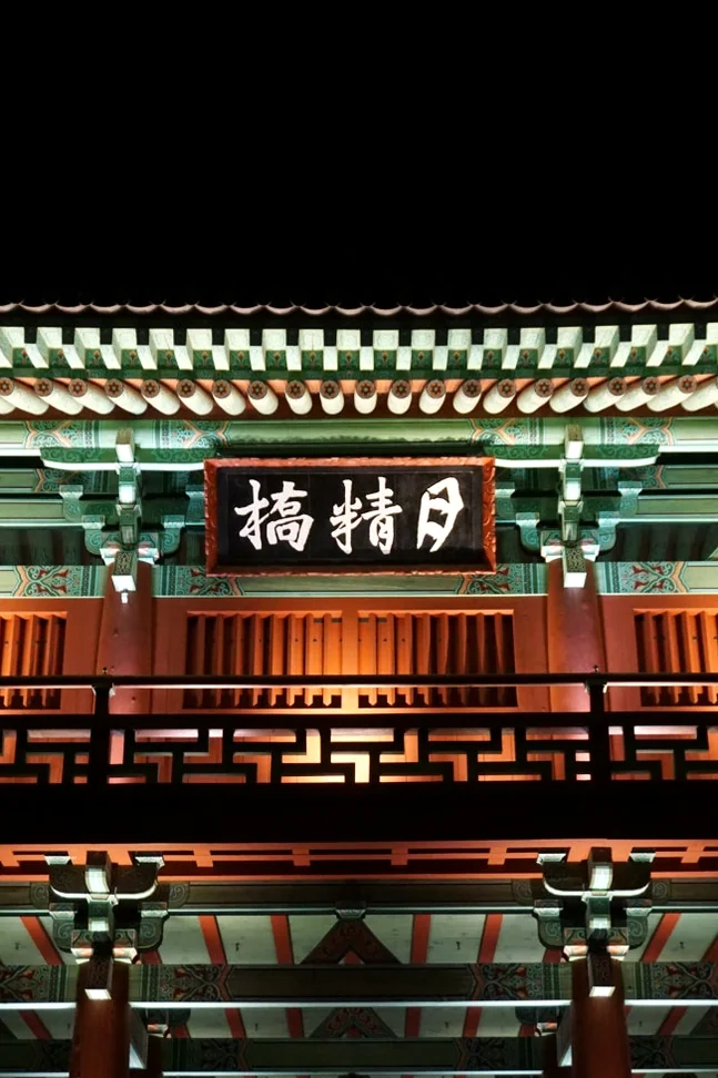 A vertically composed shot of the '月精橋' signboard and a segment of the vividly colored traditional roof at night, capturing the harmonious blend of history and intricate design. - Gyeongju Woljeonggyo: A Luminous Echo of Silla's Grandeur in 2026