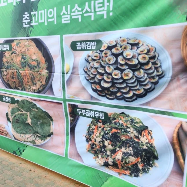 A physical site banner showcasing the festival's signature Gomchwi cuisine, including mountain herb pancakes and specialty kimbap. - Verdant Sophistication at Yanggu Leports Park: The 2026 Youth Gomchwi Festival Guide