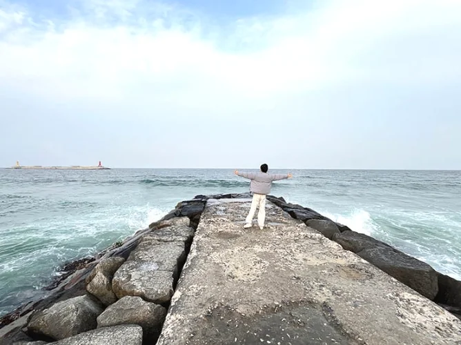 Two charming gelato cups, each adorned with a whimsical smiling face, perch delicately on a sunny railing, offering a delightful treat against the expansive blue canvas of the East Sea. - Jumunjin's Dokkaebi Gelato: A Curated Coastal Escape Beyond the Screen