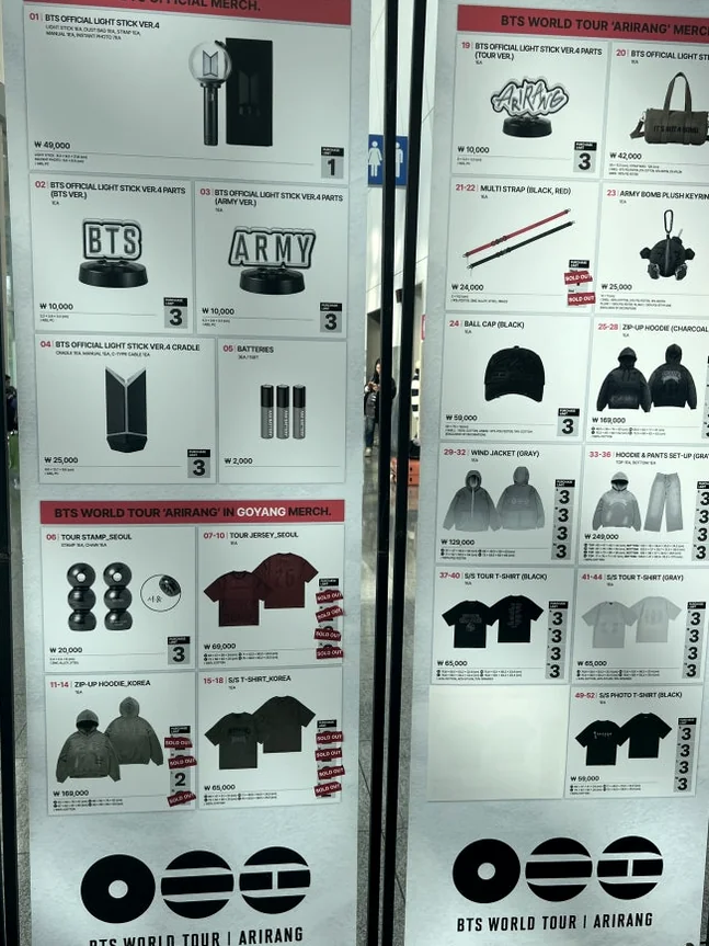 A large information board displaying the official MD list and purchase instructions at the site - BTS Arirang World Tour: A Masterpiece of Cultural Heritage and Global Modernity