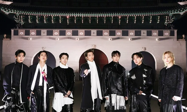 BTS members standing majestically in modern Hanbok-inspired outfits with Gyeongbokgung Palace in the background - BTS Arirang World Tour: A Masterpiece of Cultural Heritage and Global Modernity