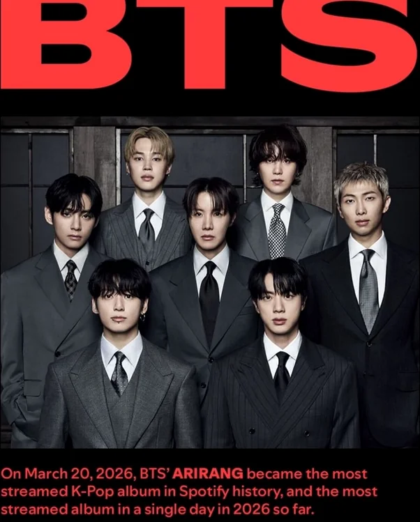 A promotional graphic celebrating the Spotify streaming records broken by the Arirang album - BTS Arirang World Tour: A Masterpiece of Cultural Heritage and Global Modernity