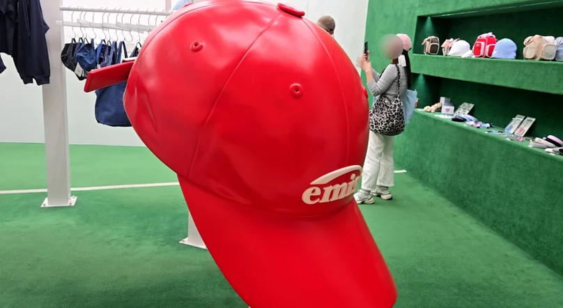 High-impact close-up of an iconic red cap sculpture, highlighting bold color and clean silhouettes. - K-POPアイドルも夢中！ 韓国発「emis（イミス）」の魅力に迫る最旬ガイド ✨