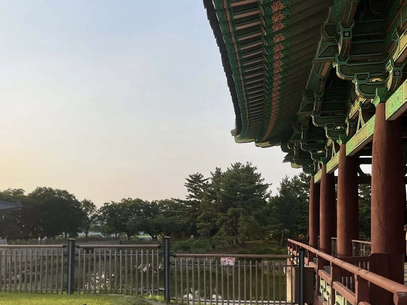 A detailed close-up of the vibrant Dancheong patterns and the elegant curved lines of the palace eaves - Beyond the Moonlight: The Timeless Allure of Gyeongju Donggung Palace and Wolji Pond