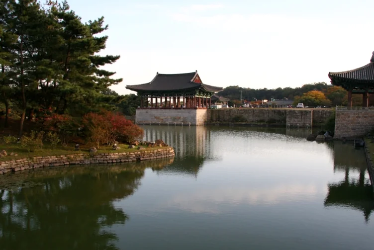 A panoramic daytime view showing the strategic layout of the various pavilions along the winding pond edge - Beyond the Moonlight: The Timeless Allure of Gyeongju Donggung Palace and Wolji Pond