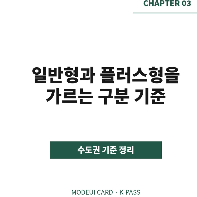 '일반형과 플러스형을 가르는 구분 기준'에 대한 CHAPTER 03 슬라이드. - Modoo-ui Card K-Pass Guide: Maximizing Public Transport Refunds for Expats in Korea (2026)