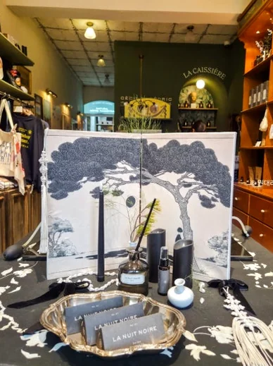 Table display with a paper screen showing a tree and perfume bottles - 2026年ソウル・新堂洞(シンダンドン)で見つけた、パリの記憶。ライフスタイルショップ『セシル・アンド・セドリック(Cecile Cedric)』へ