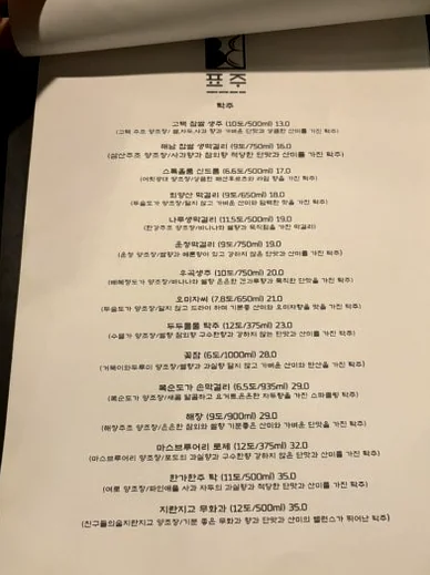 A printed menu page listing various Korean dishes - 2026年ソウル・新堂洞の最旬スポット。伝統酒ソムリエが贈る至福の韓食ダイニング『ピョジュ(表酒)』へ。