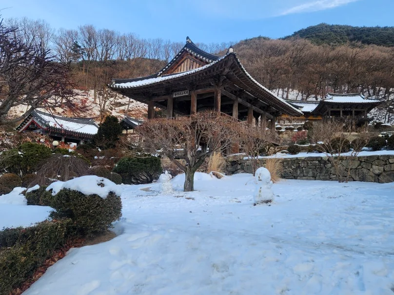 Frontal view of a traditional Korean temple building with snow on the ground. - 時を止めた千年古刹、安東・鳳停寺(ポンジョンサ)へ。韓国最古の木造建築と出会う静謐な旅