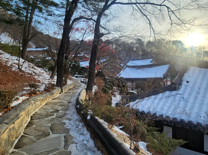 Stone Buddha statue on a snow-covered rocky hillside. - 時を止めた千年古刹、安東・鳳停寺(ポンジョンサ)へ。韓国最古の木造建築と出会う静謐な旅