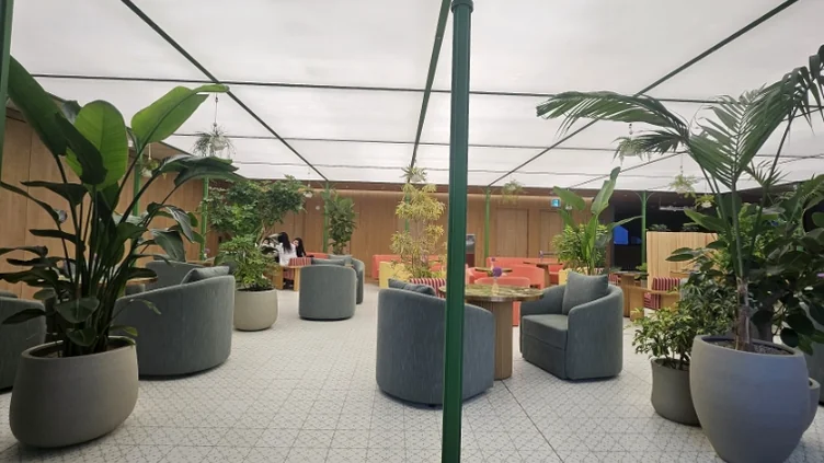 Relaxed interior view of the Seongsu lounge, featuring plants and modern furniture. - Olive Young N Seongsu Lounge: An Exclusive K-Beauty & Lifestyle Sanctuary in Seoul's Trendsetting District