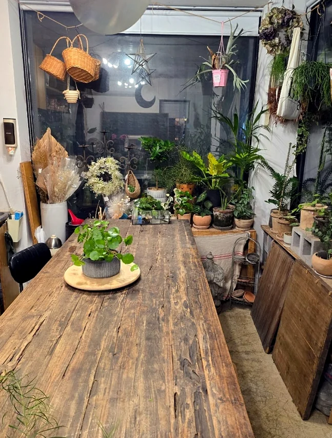 A long rustic wooden table surrounded by various green indoor plants - A Curator's Guide to Atelier Tium: Elevating Floral Artistry in Yeonhui-dong