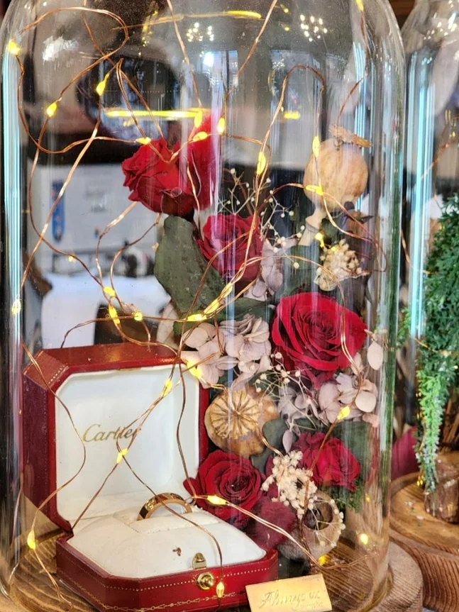 Red preserved roses and a jewelry box inside a glass dome with LED string lights - A Curator's Guide to Atelier Tium: Elevating Floral Artistry in Yeonhui-dong