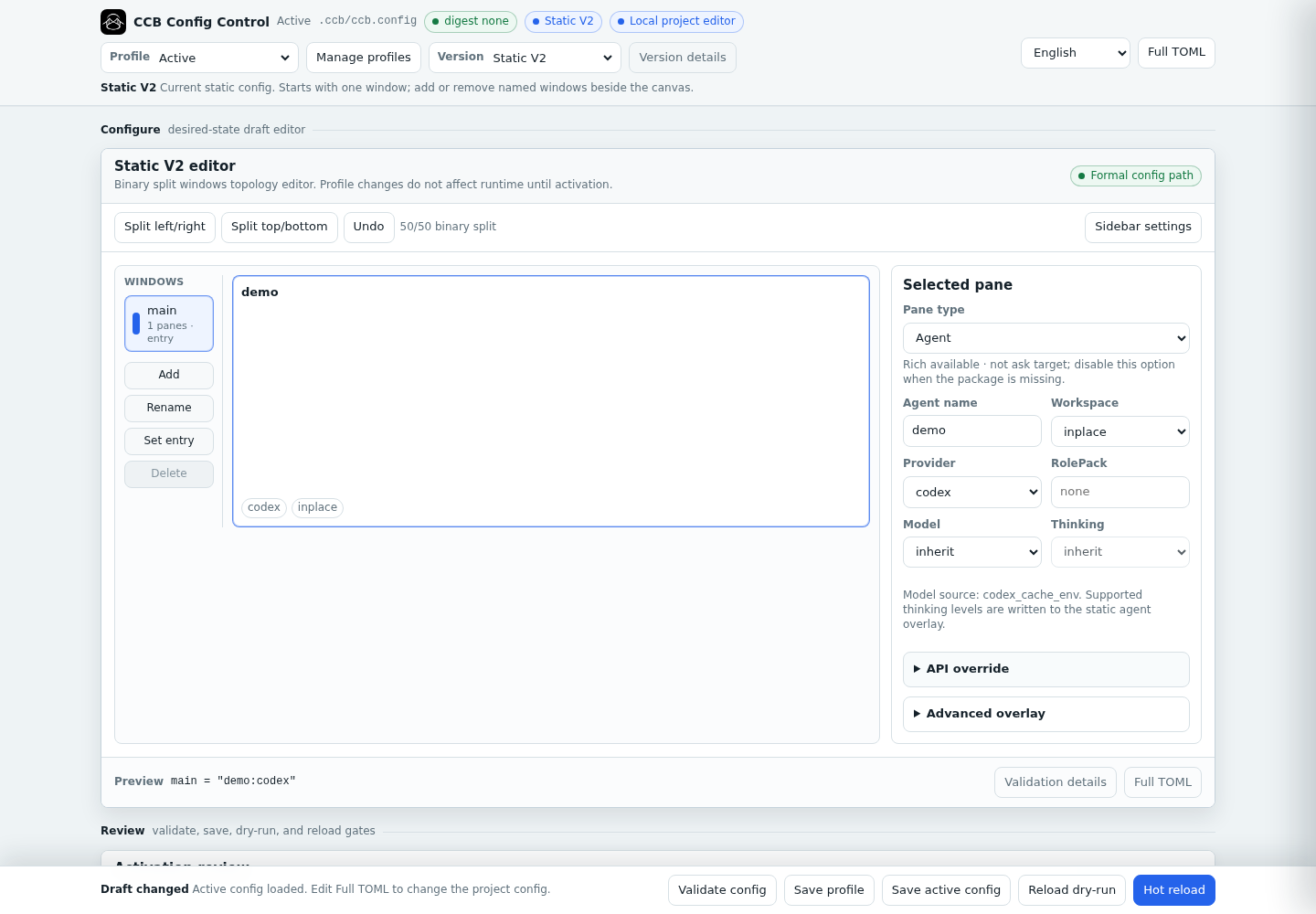 CCB configuration control panel editing the default demo agent