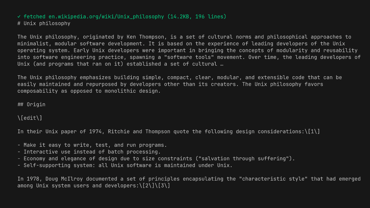webfetch screenshot: rendered markdown of the Unix philosophy Wikipedia article